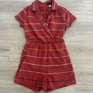 Blue Rain Red Orange Romper With Pointed Collar and Zig Zag Detail size M
